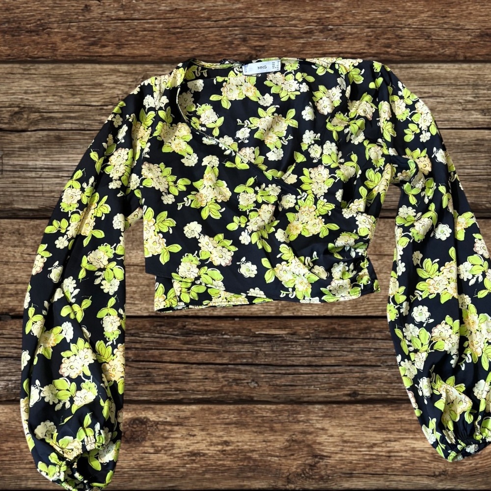 MNG Mango Floral Crop Top Black Lime Green Balloon Sleeve Cottagecore Fairy Boho - Picture 3 of 15